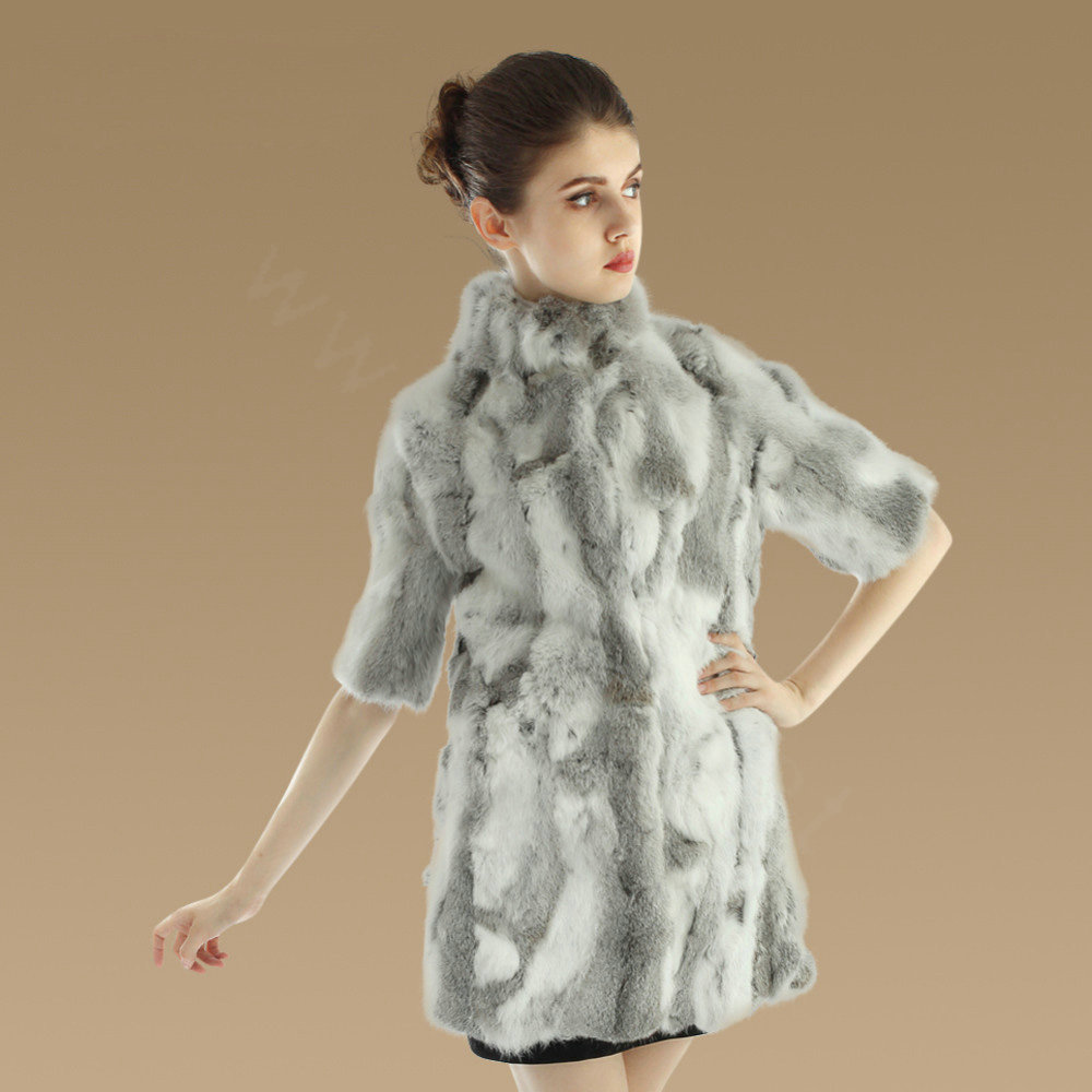 Luxury Genuine Rabbit Fur Coat Women Long Winter Warm Stand Collar Fur Outwear - Natural Grey