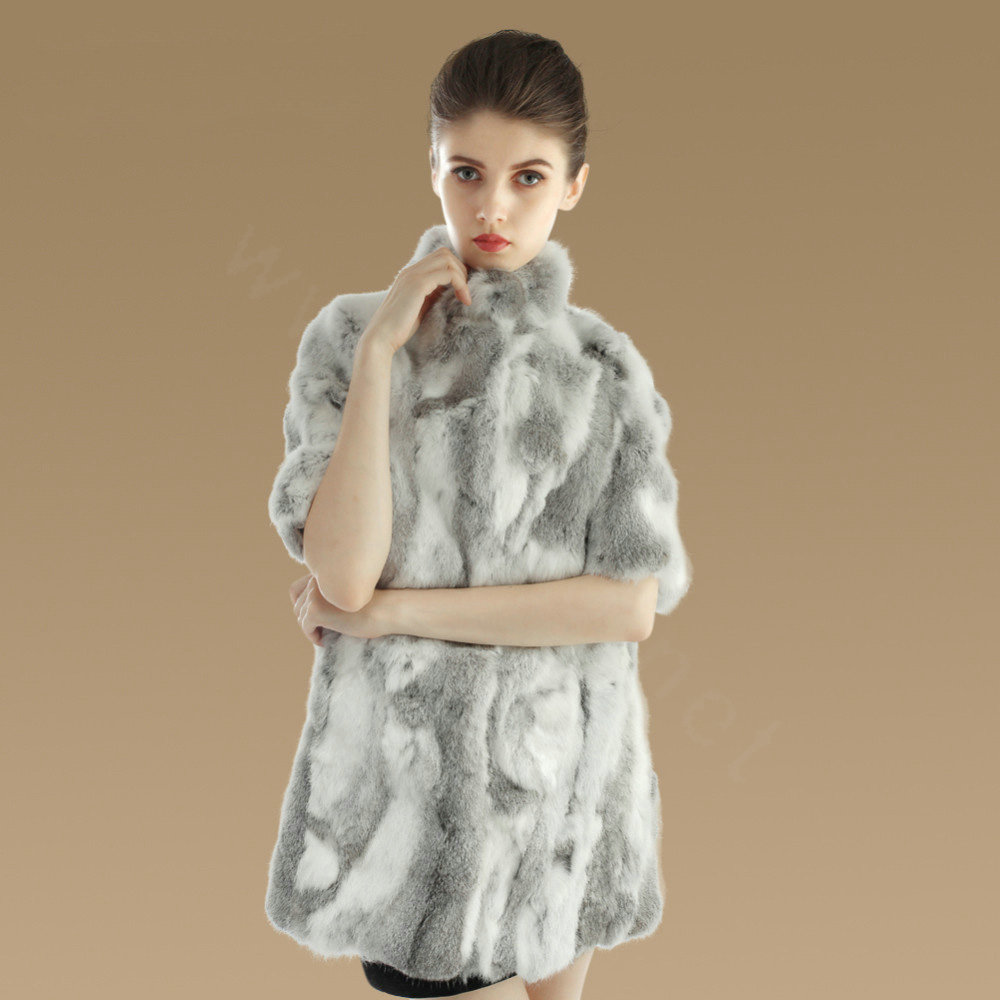 Luxury Genuine Rabbit Fur Coat Women Long Winter Warm Stand Collar Fur Outwear - Natural Grey