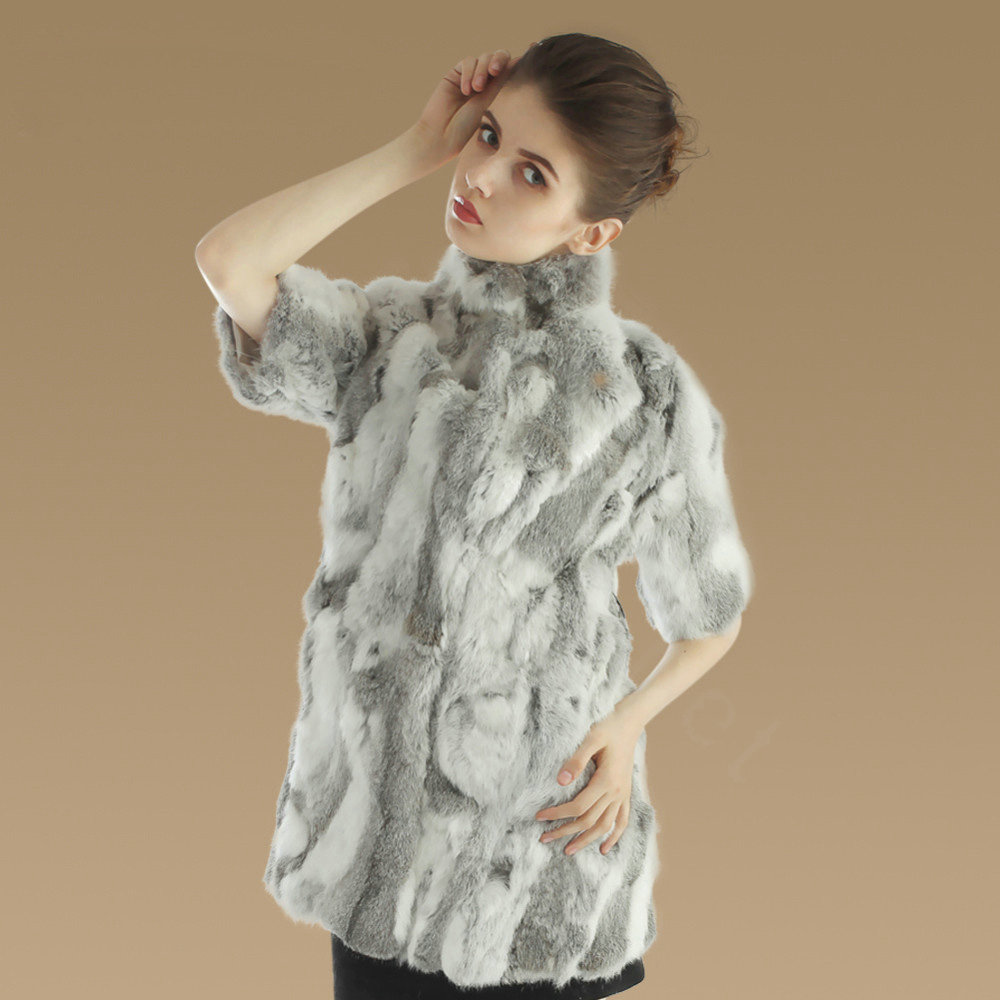 Luxury Genuine Rabbit Fur Coat Women Long Winter Warm Stand Collar Fur Outwear - Natural Grey