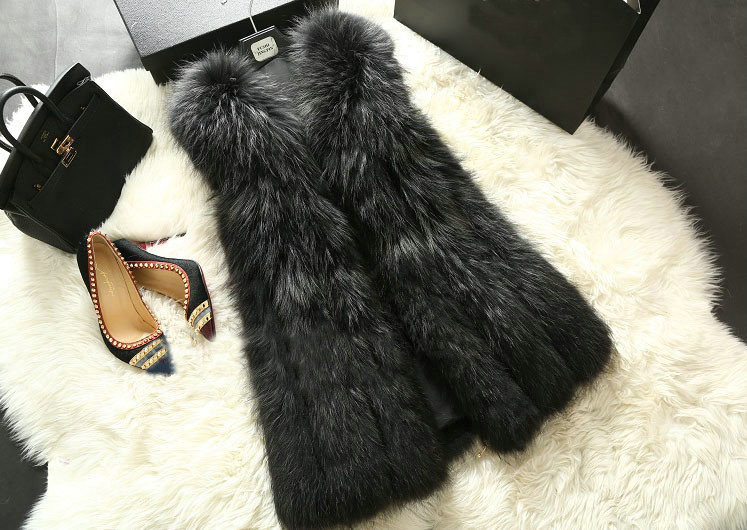 Luxury Genuine Real Whole Raccoon Fur Vest Fashion Women Medium-long Fur Gliet - Black