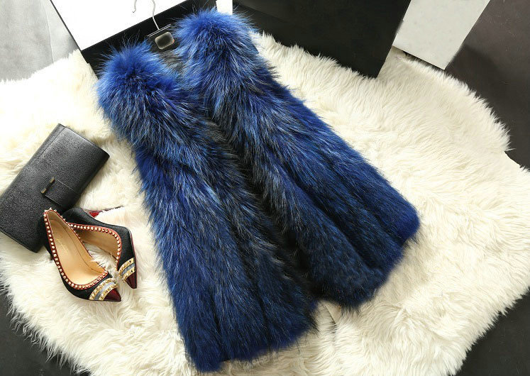 Luxury Genuine Real Whole Raccoon Fur Vest Fashion Women Medium-long Fur Gliet - Blue