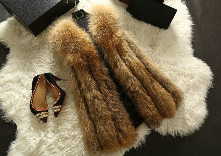 Luxury Genuine Real Whole Raccoon Fur Vest Fashion Women Medium-long Fur Gliet - Brown