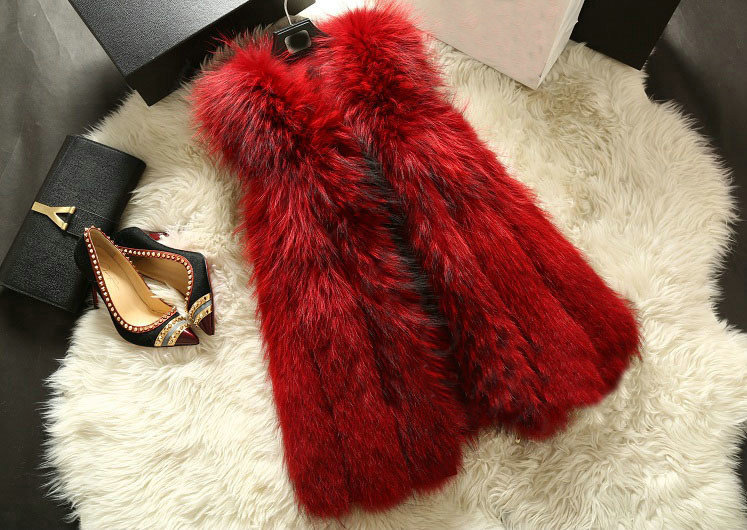 Luxury Genuine Real Whole Raccoon Fur Vest Fashion Women Medium-long Fur Gliet - Red