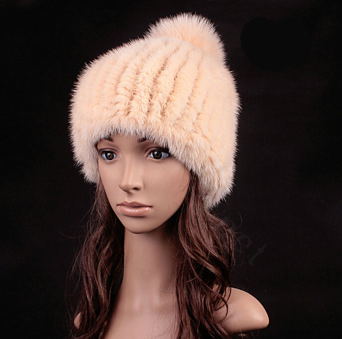 Luxury Genuine Whole Mink Fur Hats With Fox Fur Ball Women Winter Knitted Beanies - Beige Yellow
