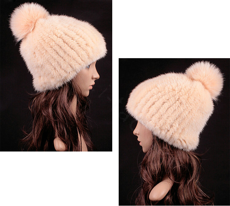 Luxury Genuine Whole Mink Fur Hats With Fox Fur Ball Women Winter Knitted Beanies - Beige Yellow