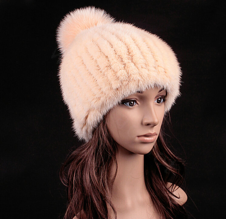 Luxury Genuine Whole Mink Fur Hats With Fox Fur Ball Women Winter Knitted Beanies - Beige Yellow