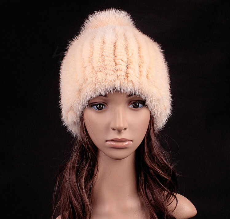 Luxury Genuine Whole Mink Fur Hats With Fox Fur Ball Women Winter Knitted Beanies - Beige Yellow