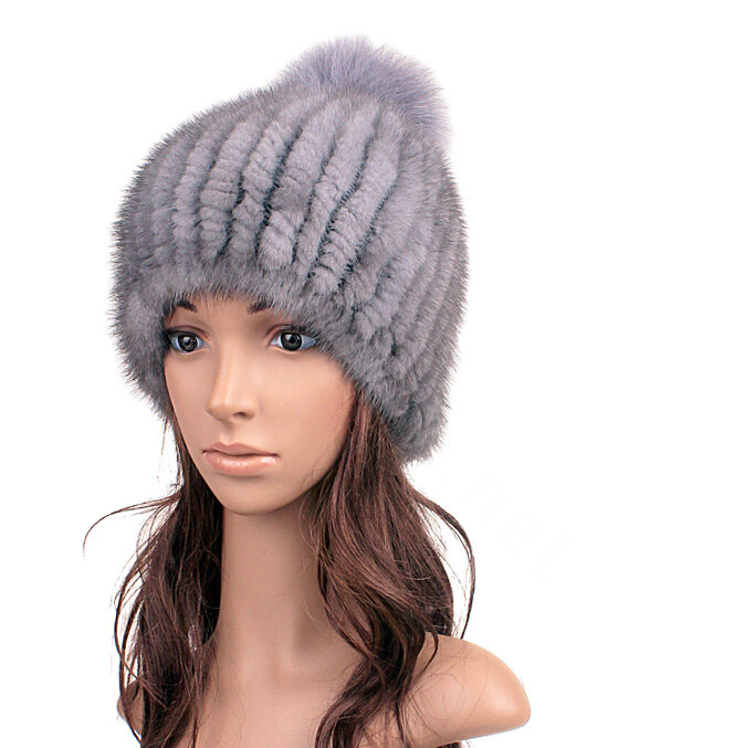 Luxury Genuine Whole Mink Fur Hats With Fox Fur Ball Women Winter Knitted Beanies - Blue Grey