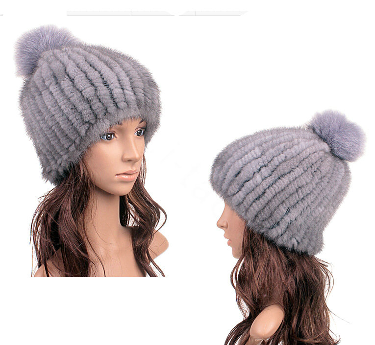 Luxury Genuine Whole Mink Fur Hats With Fox Fur Ball Women Winter Knitted Beanies - Blue Grey