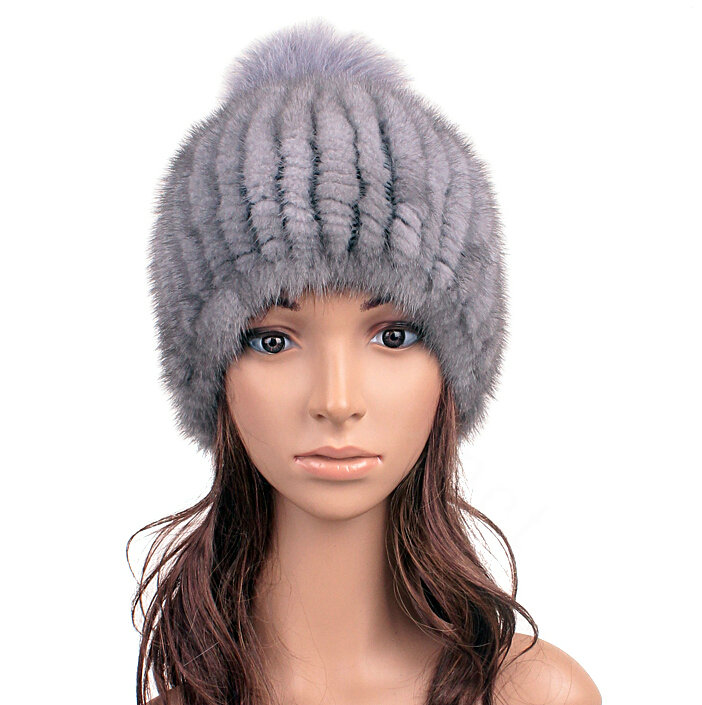 Luxury Genuine Whole Mink Fur Hats With Fox Fur Ball Women Winter Knitted Beanies - Blue Grey