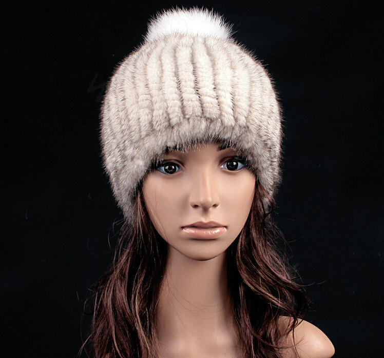 Luxury Genuine Whole Mink Fur Hats With Fox Fur Ball Women Winter Knitted Beanies - White Grey