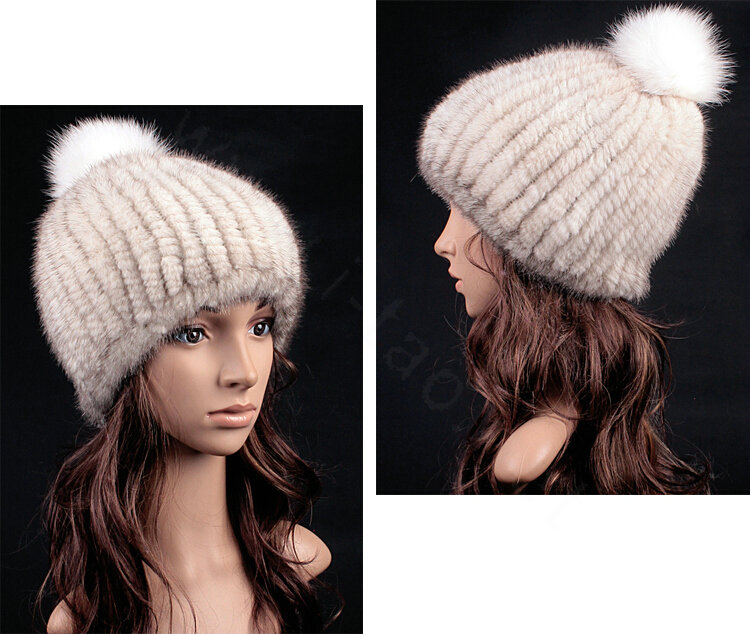 Luxury Genuine Whole Mink Fur Hats With Fox Fur Ball Women Winter Knitted Beanies - White Grey