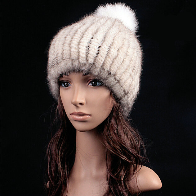 Luxury Genuine Whole Mink Fur Hats With Fox Fur Ball Women Winter Knitted Beanies - White Grey