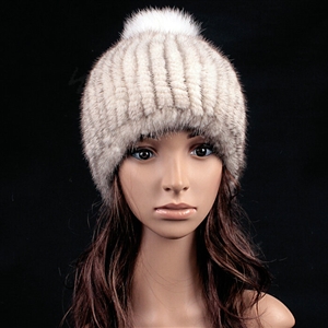 Luxury Genuine Whole Mink Fur Hats With Fox Fur Ball Women Winter Knitted Beanies - White Grey