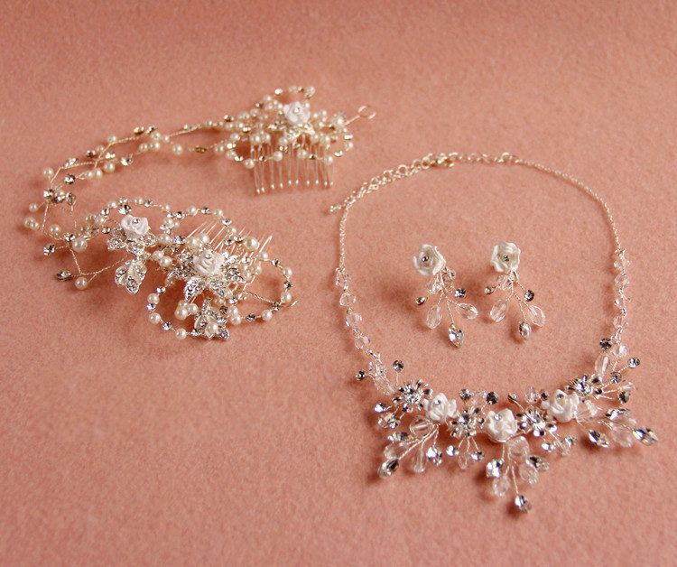 Luxury Handmade Vine Ceramic Flower Crystal Beads Pearl Bridal Wedding Necklace Jewelry Sets