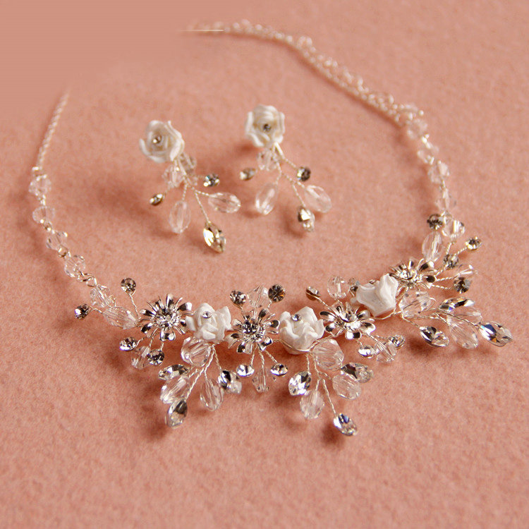 Luxury Handmade Vine Ceramic Flower Crystal Beads Pearl Bridal Wedding Necklace Jewelry Sets