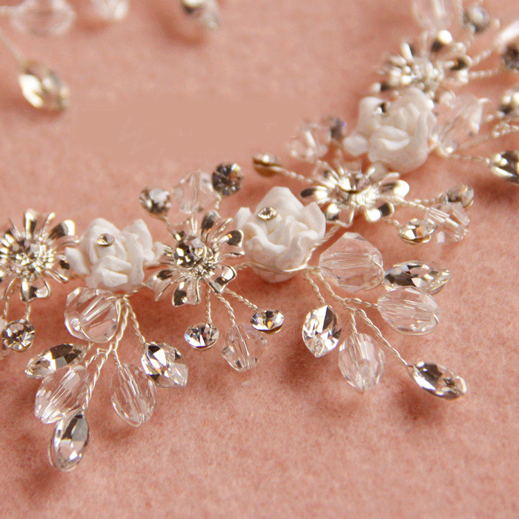Luxury Handmade Vine Ceramic Flower Crystal Beads Pearl Bridal Wedding Necklace Jewelry Sets