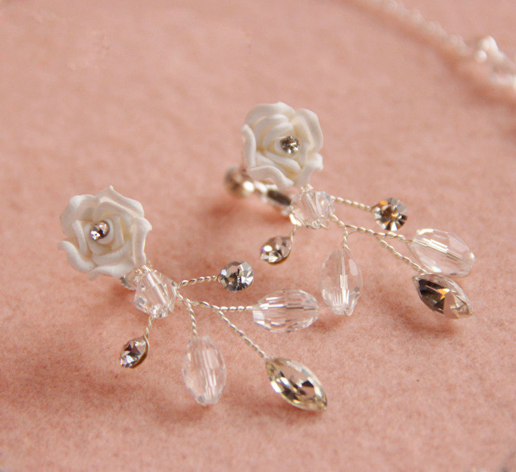 Luxury Handmade Vine Ceramic Flower Crystal Beads Pearl Bridal Wedding Necklace Jewelry Sets