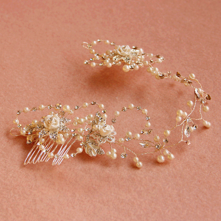 Luxury Handmade Vine Ceramic Flower Crystal Beads Pearl Bridal Wedding Necklace Jewelry Sets
