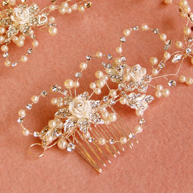 Luxury Handmade Vine Ceramic Flower Crystal Beads Pearl Bridal Wedding Necklace Jewelry Sets