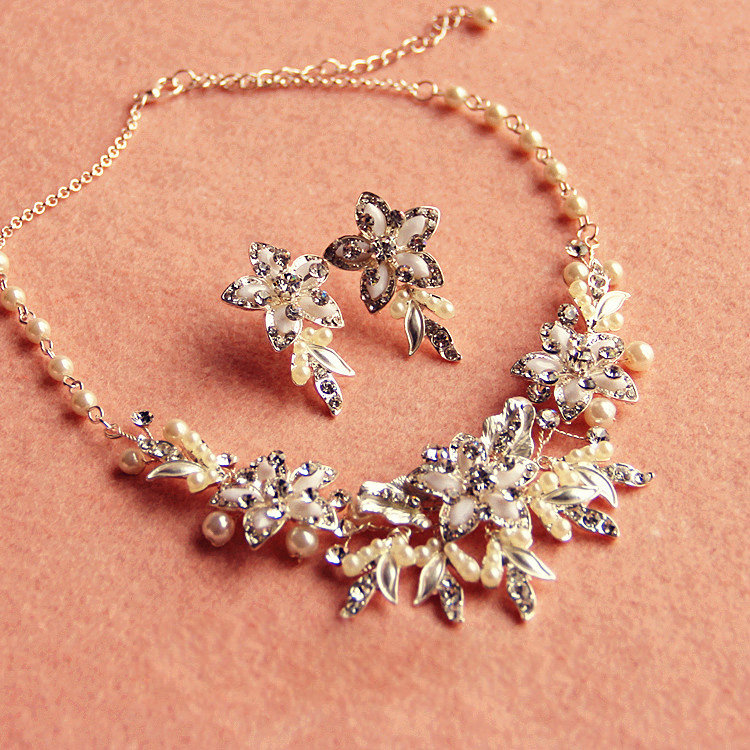 Luxury Handmade Vine Flower Crystal Beads Pearl Bridal Wedding Necklace Tiaras Errings Jewelry Sets