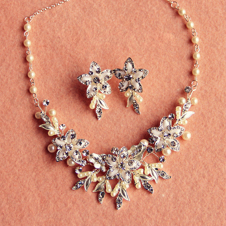 Luxury Handmade Vine Flower Crystal Beads Pearl Bridal Wedding Necklace Tiaras Errings Jewelry Sets