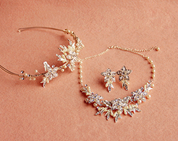 Luxury Handmade Vine Flower Crystal Beads Pearl Bridal Wedding Necklace Tiaras Errings Jewelry Sets