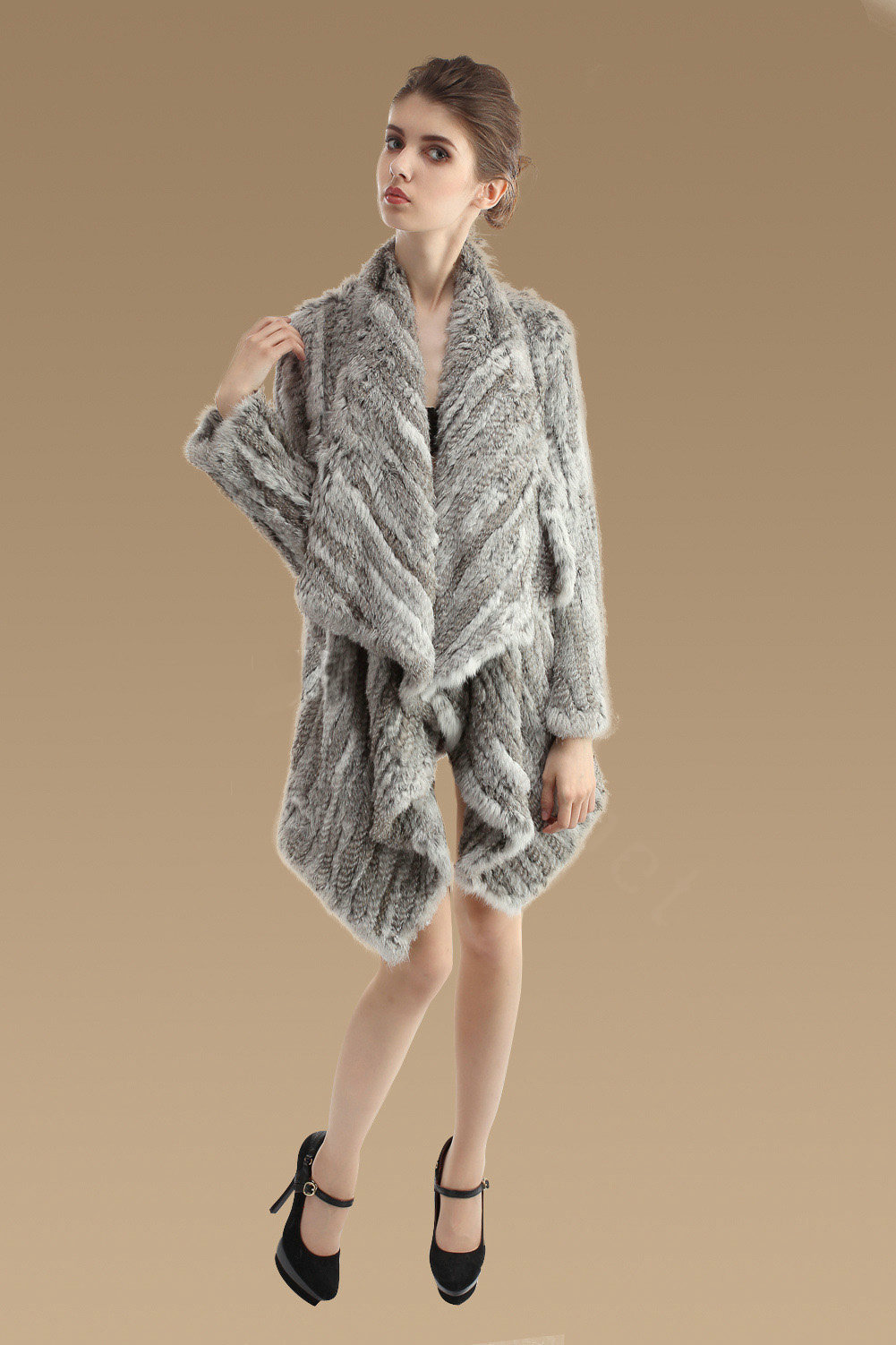 Luxury Natural Rabbit Fur Jacket Fashion Women Knitted Irregular Rabbit Fur Coats - Natural Grey