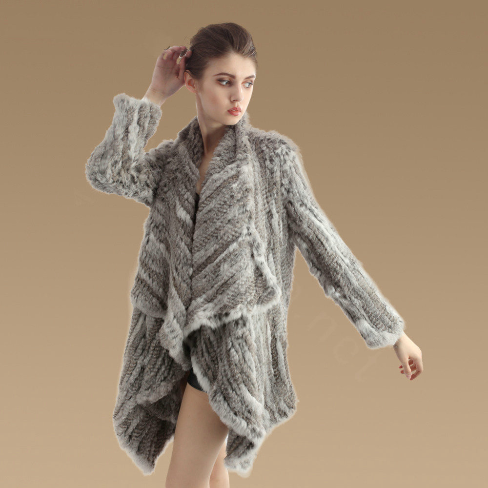 Luxury Natural Rabbit Fur Jacket Fashion Women Knitted Irregular Rabbit Fur Coats - Natural Grey