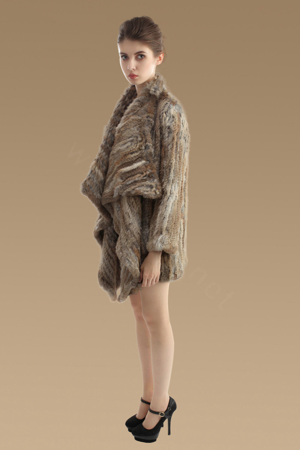Luxury Natural Rabbit Fur Jacket Fashion Women Knitted Irregular Rabbit Fur Coats - Natural Yellow