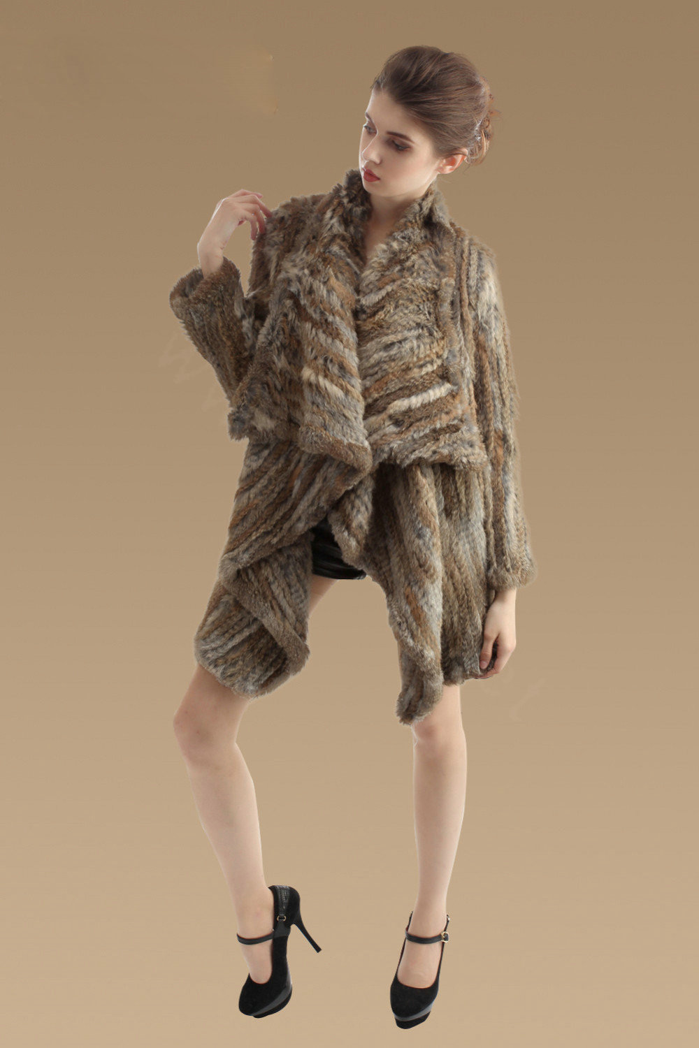 Luxury Natural Rabbit Fur Jacket Fashion Women Knitted Irregular Rabbit Fur Coats - Natural Yellow