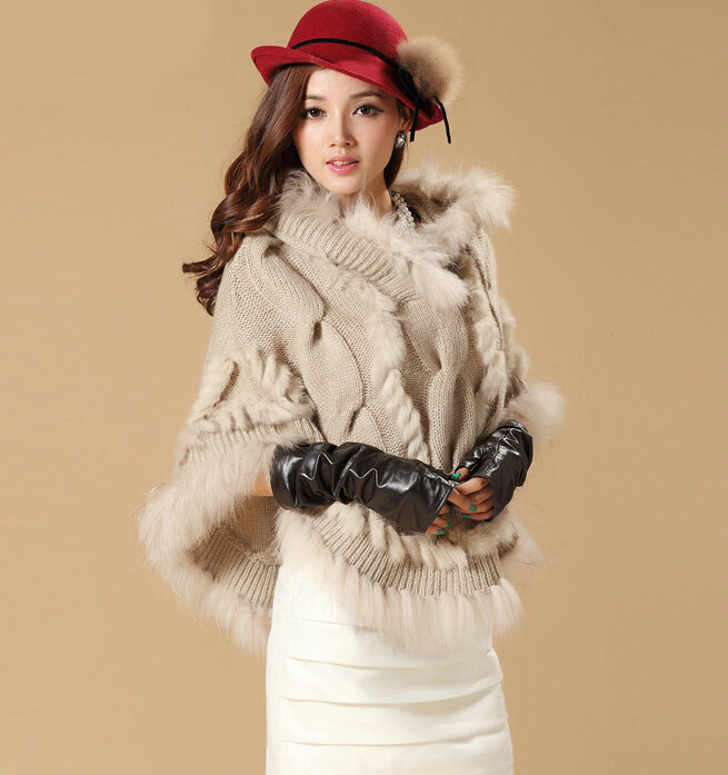 Luxury Raccoon Fur Collar Autumn Winter Rabbit Fur Shawl Poncho With Hoody Knitted Women's Sweatercoat Beige