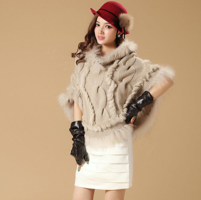 Luxury Raccoon Fur Collar Autumn Winter Rabbit Fur Shawl Poncho With Hoody Knitted Women's Sweatercoat Beige