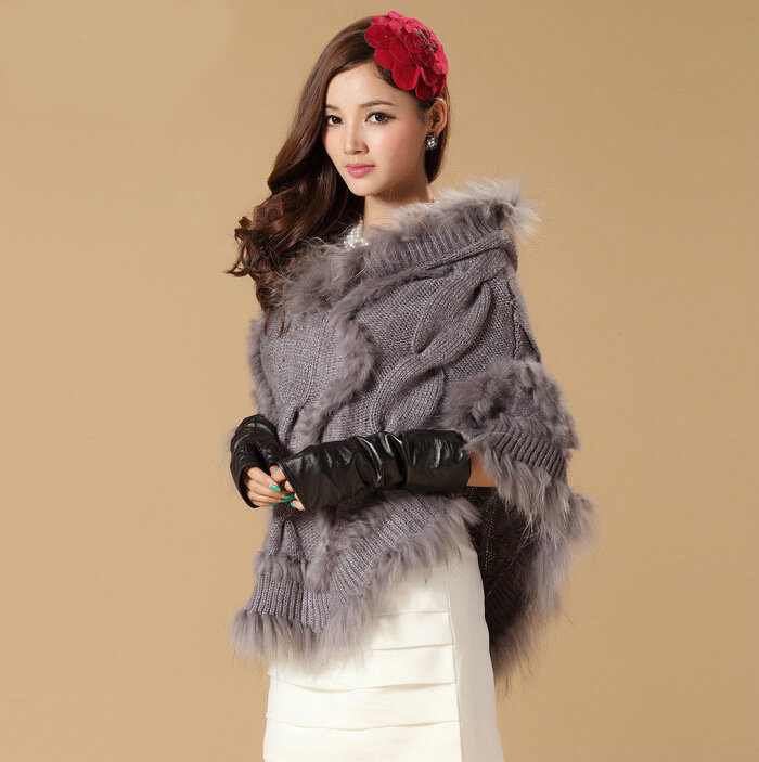 Luxury Raccoon Fur Collar Autumn Winter Rabbit Fur Shawl Poncho With Hoody Women Knitted Pullovers Grey