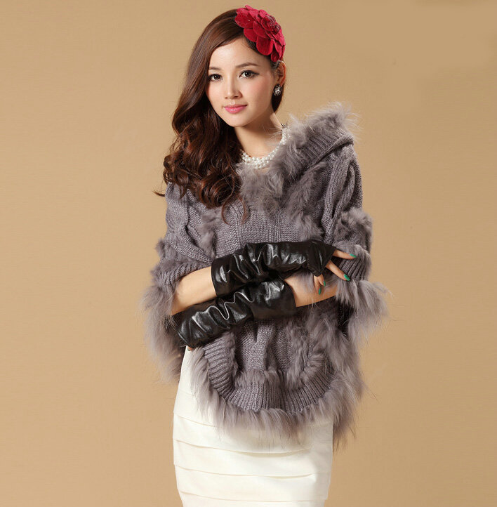 Luxury Raccoon Fur Collar Autumn Winter Rabbit Fur Shawl Poncho With Hoody Women Knitted Pullovers Grey