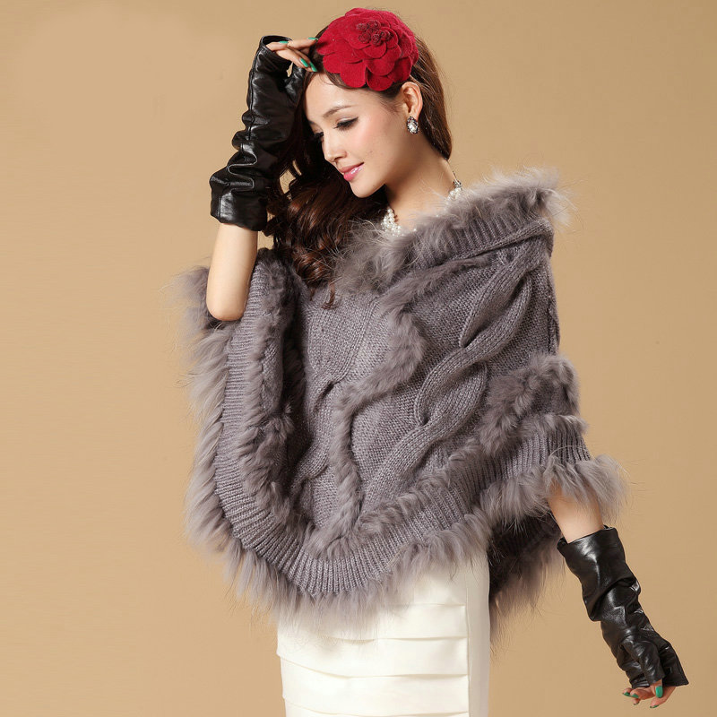 Luxury Raccoon Fur Collar Autumn Winter Rabbit Fur Shawl Poncho With Hoody Women Knitted Pullovers Grey