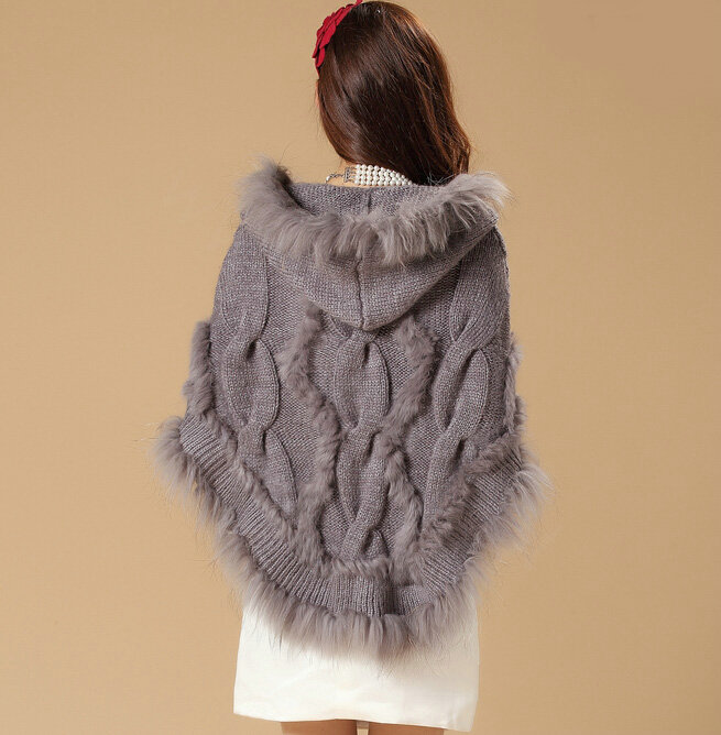 Luxury Raccoon Fur Collar Autumn Winter Rabbit Fur Shawl Poncho With Hoody Women Knitted Pullovers Grey