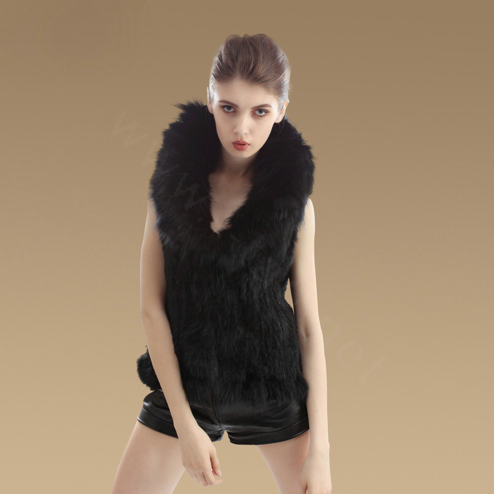 Luxury Real Rabbit Fur Gilet With Large Fox Fur Collar Vest Knitted Warm Fur Jacket - Black