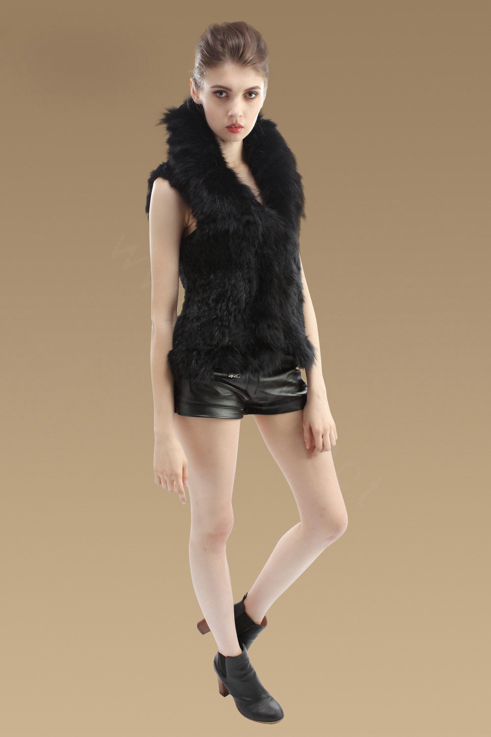 Luxury Real Rabbit Fur Gilet With Large Fox Fur Collar Vest Knitted Warm Fur Jacket - Black