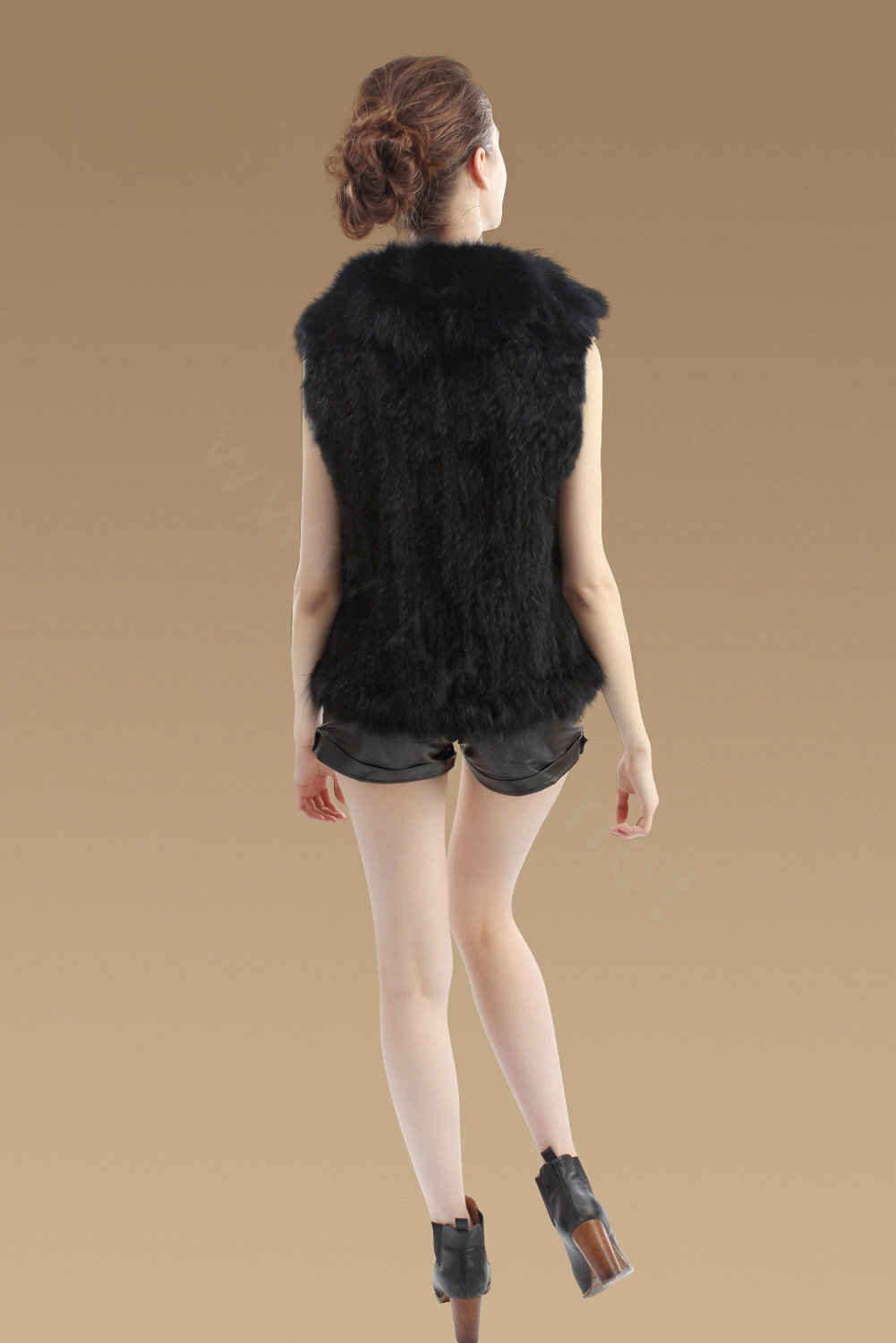 Luxury Real Rabbit Fur Gilet With Large Fox Fur Collar Vest Knitted Warm Fur Jacket - Black