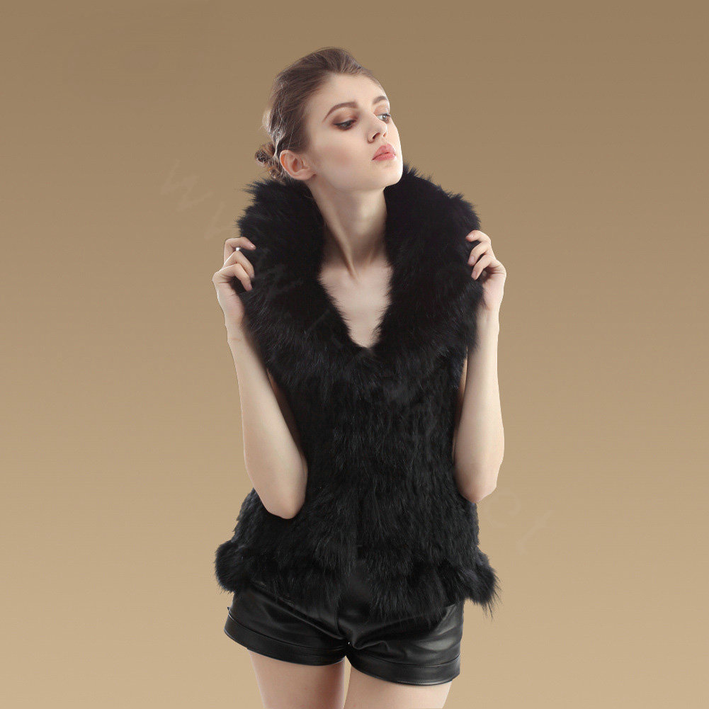Luxury Real Rabbit Fur Gilet With Large Fox Fur Collar Vest Knitted Warm Fur Jacket - Black