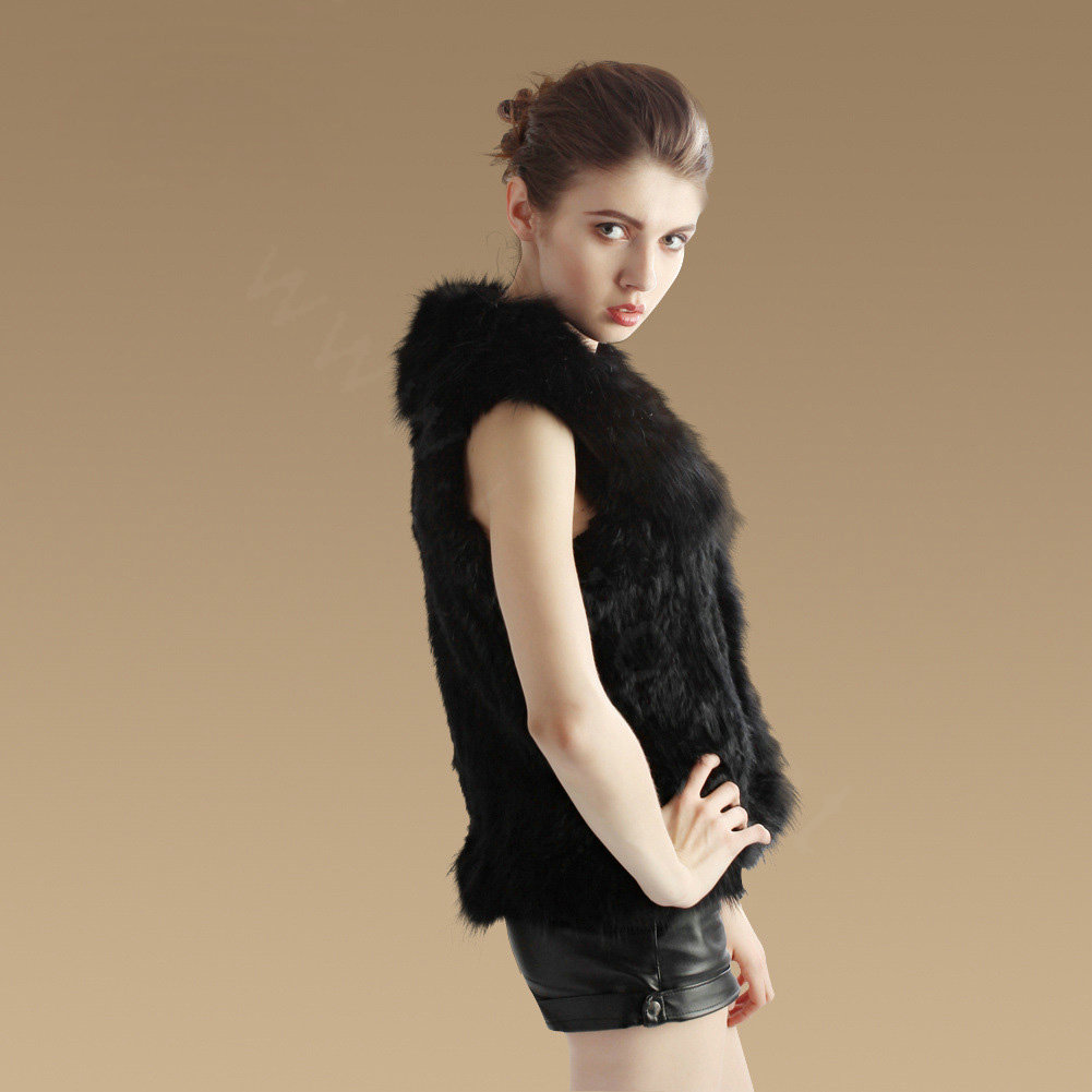 Luxury Real Rabbit Fur Gilet With Large Fox Fur Collar Vest Knitted Warm Fur Jacket - Black