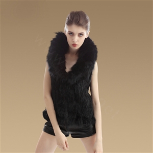Luxury Real Rabbit Fur Gilet With Large Fox Fur Collar Vest Knitted Warm Fur Jacket - Black