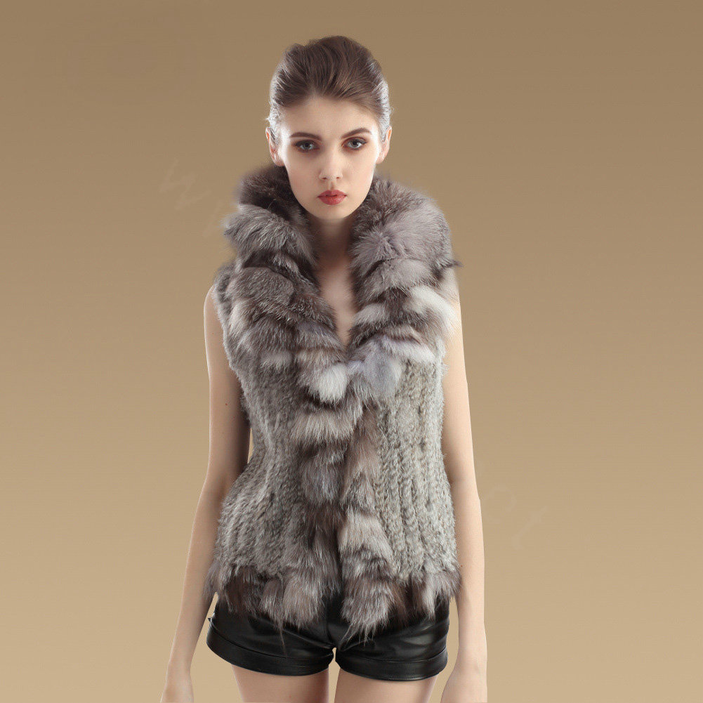 Luxury Real Rabbit Fur Gilet With Large Fox Fur Collar Vest Knitted Warm Fur Jacket - Nature Grey