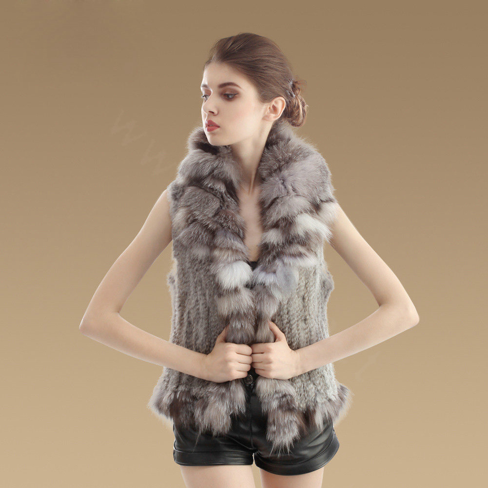 Luxury Real Rabbit Fur Gilet With Large Fox Fur Collar Vest Knitted Warm Fur Jacket - Nature Grey