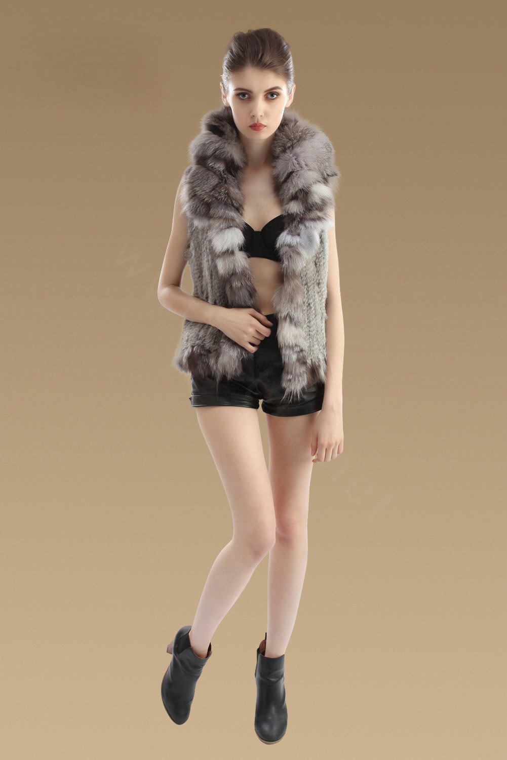 Luxury Real Rabbit Fur Gilet With Large Fox Fur Collar Vest Knitted Warm Fur Jacket - Nature Grey