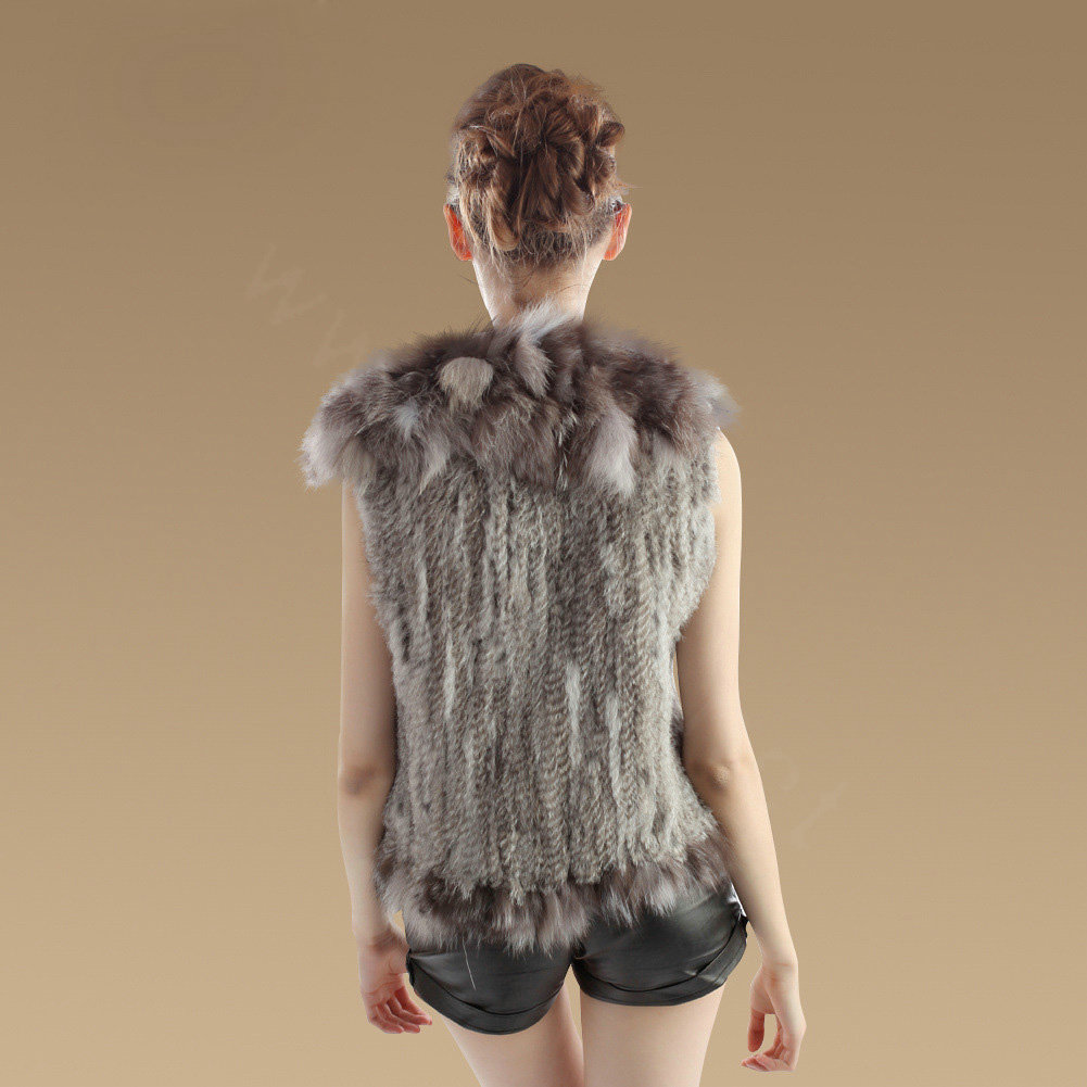 Luxury Real Rabbit Fur Gilet With Large Fox Fur Collar Vest Knitted Warm Fur Jacket - Nature Grey