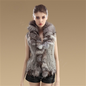 Luxury Real Rabbit Fur Gilet With Large Fox Fur Collar Vest Knitted Warm Fur Jacket - Nature Grey