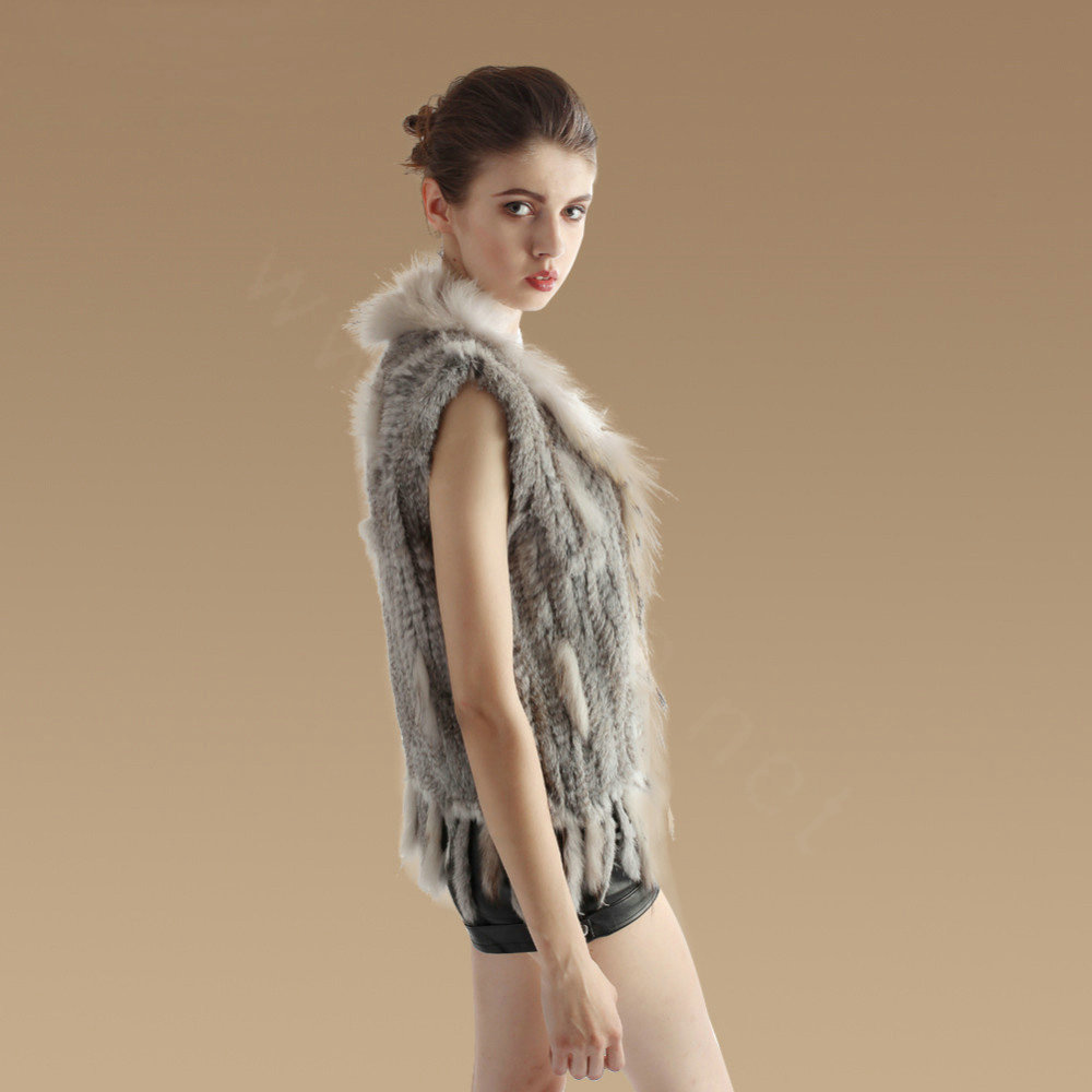 Luxury Real Rabbit Fur Vest Raccoon Fur Collar Women Knitted Warm Fur Waistcoats - Natural Grey