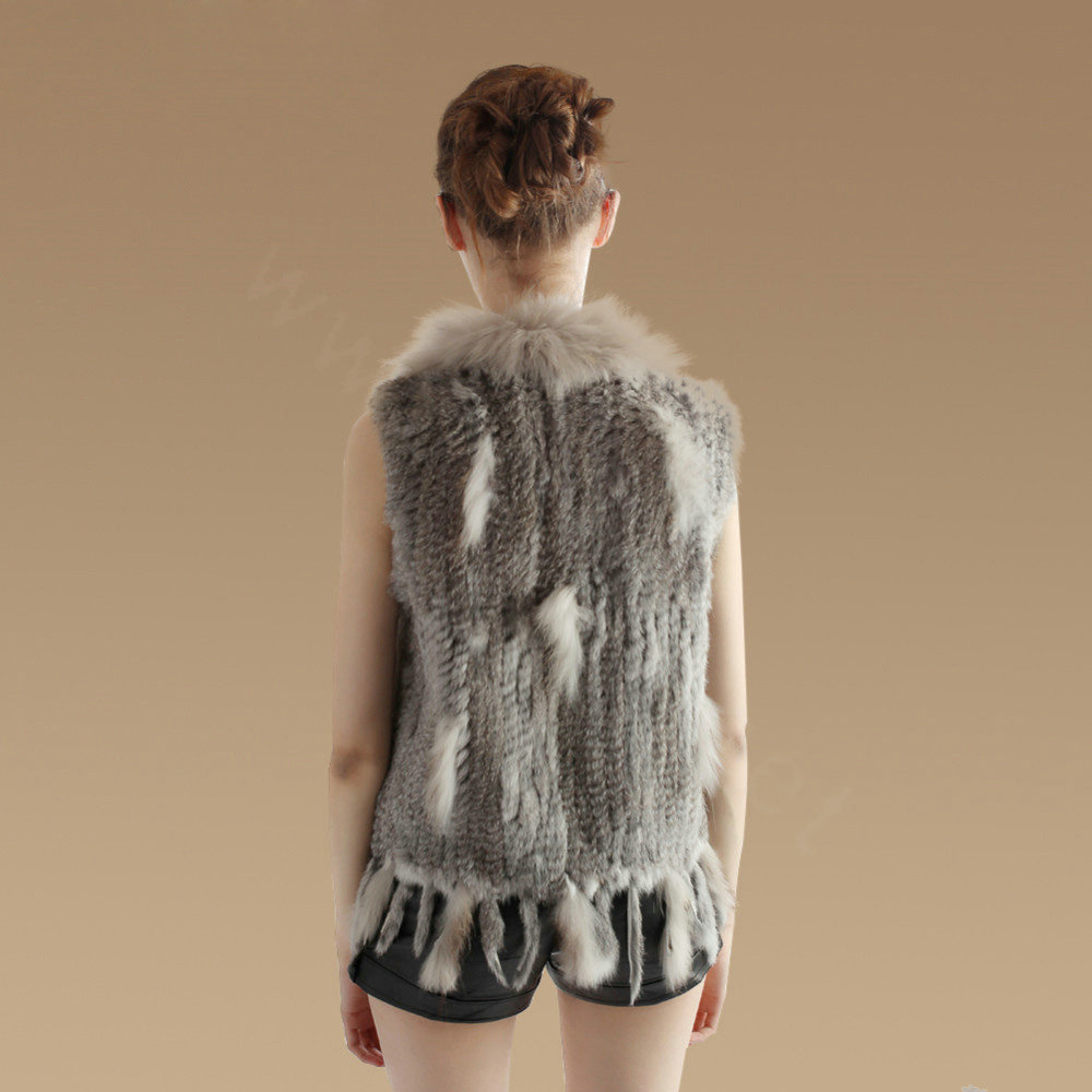Luxury Real Rabbit Fur Vest Raccoon Fur Collar Women Knitted Warm Fur Waistcoats - Natural Grey